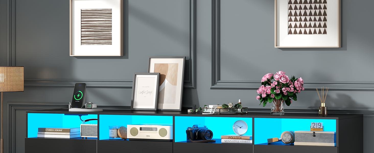 12 Drawer Black Dresser with Charging Station & Led Lights,Modern Wide Dresser, Large Dressers Organizer with 4 Open Cubbies Sideboard Buffet Cabinet