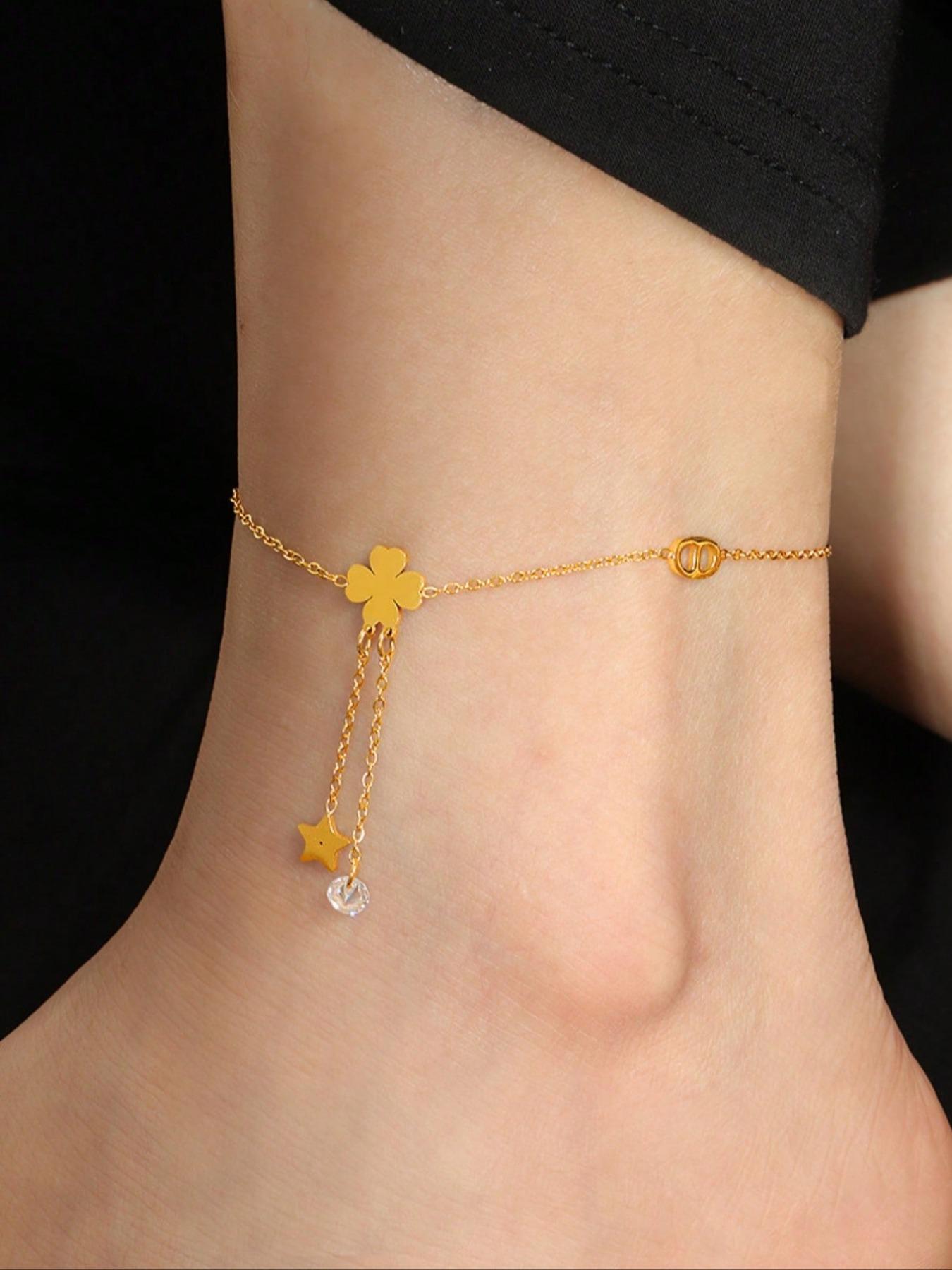 Fashionable Delicate Tassel Four-Leaf Clover Anklet, Unique Five-Pointed Star Pendant, Everyday & Party Jewelry, 1pc