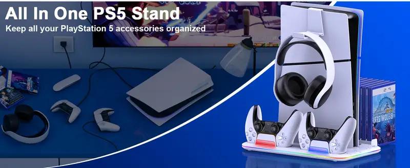 For PS5 Stand Cooling Fan for PS5 Slim, PS5 digital & disc verdion Stand and Cooling Station with Controller Charging Station for PS5 Slim, for PS5 Accessories RGB Light, 15 Game Storage LED Cooler Wearable ps5 accessories