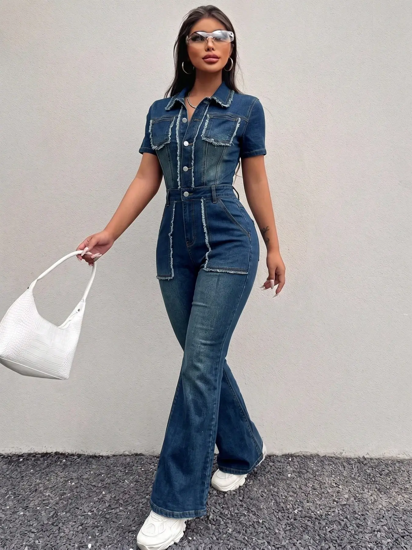 Vintage Y2K Style Frayed Hem Ruffled Denim Jumpsuit, Slim Fit Tight Micro Flare Short Sleeve Denim Overall, Trendy Everyday Fashion Piece