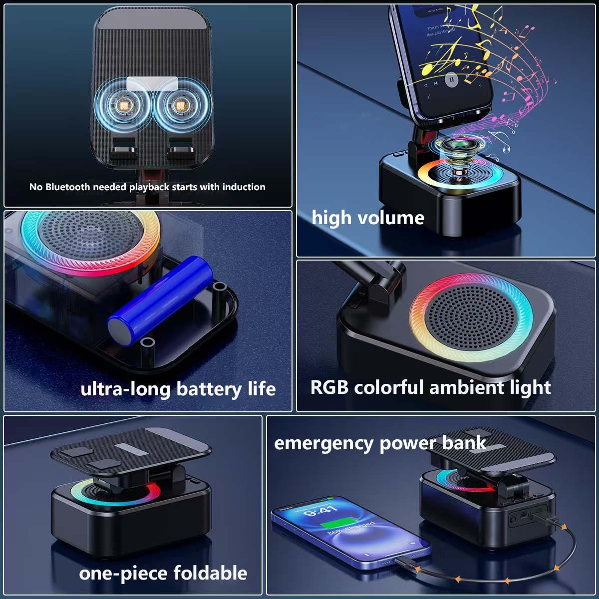 New Upgraded 5-In-1 Wireless Bluetooth-compatible Speaker, 1800mah Portable Power Bank, Tablet Stand, Phone Holder, Colorful Ambient Light, Foldable Base