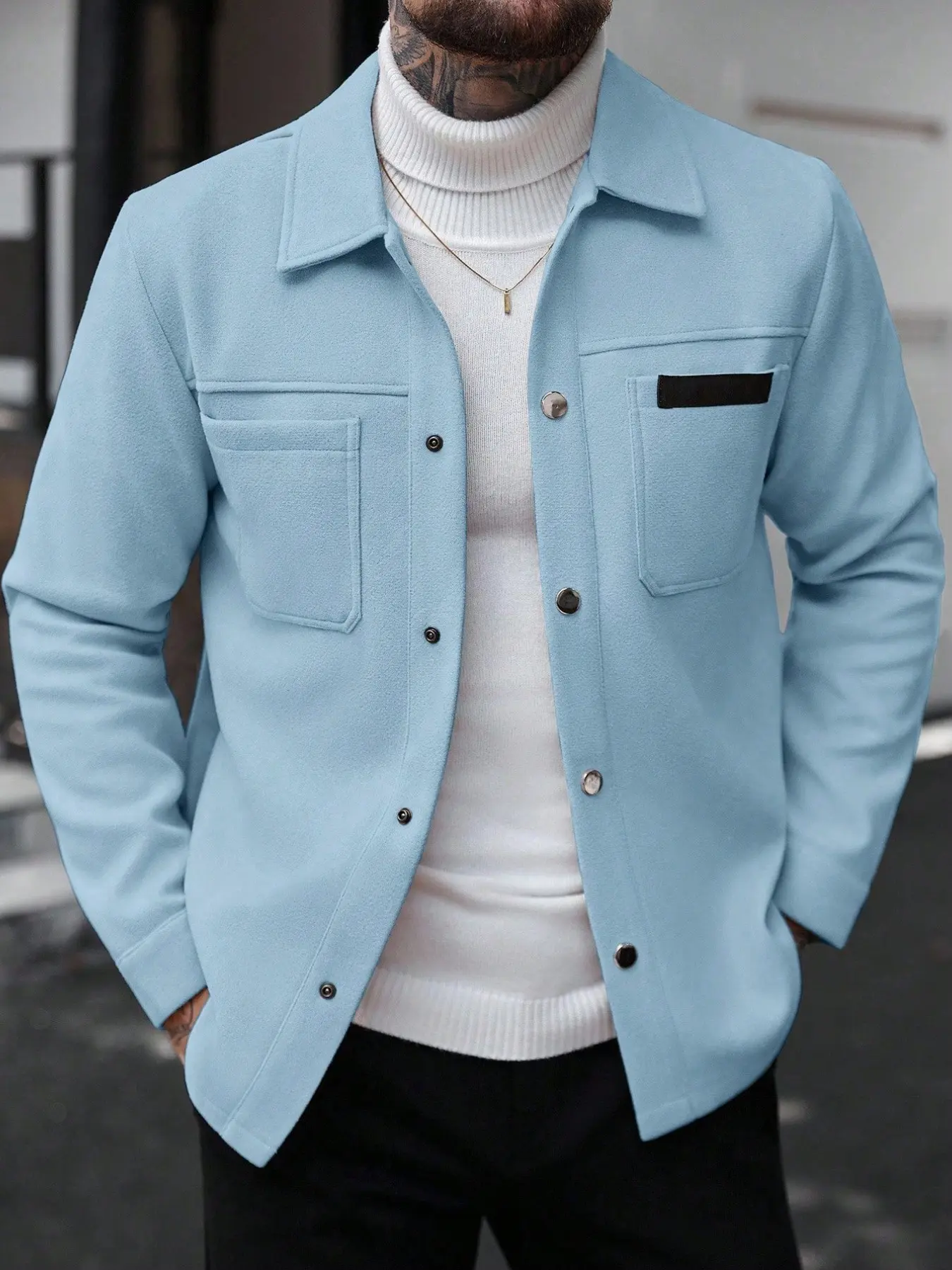 Men's Jacket Coat, Workwear Style Long Sleeve, Shirt Collar with Button Front, Dual Chest Pockets, Casual Outerwear for Fall