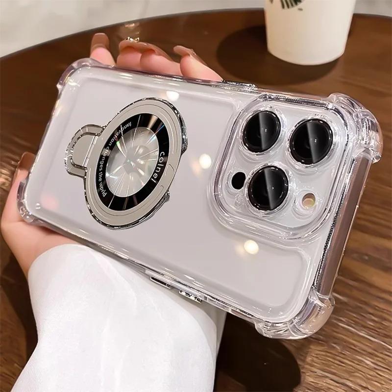 For Magsafe Wireless Charging Case For iPhone 17 Pro Max Air 14 15 Plus 13 12 16 Pro Transparent Plating Ring Holder Phone Cover