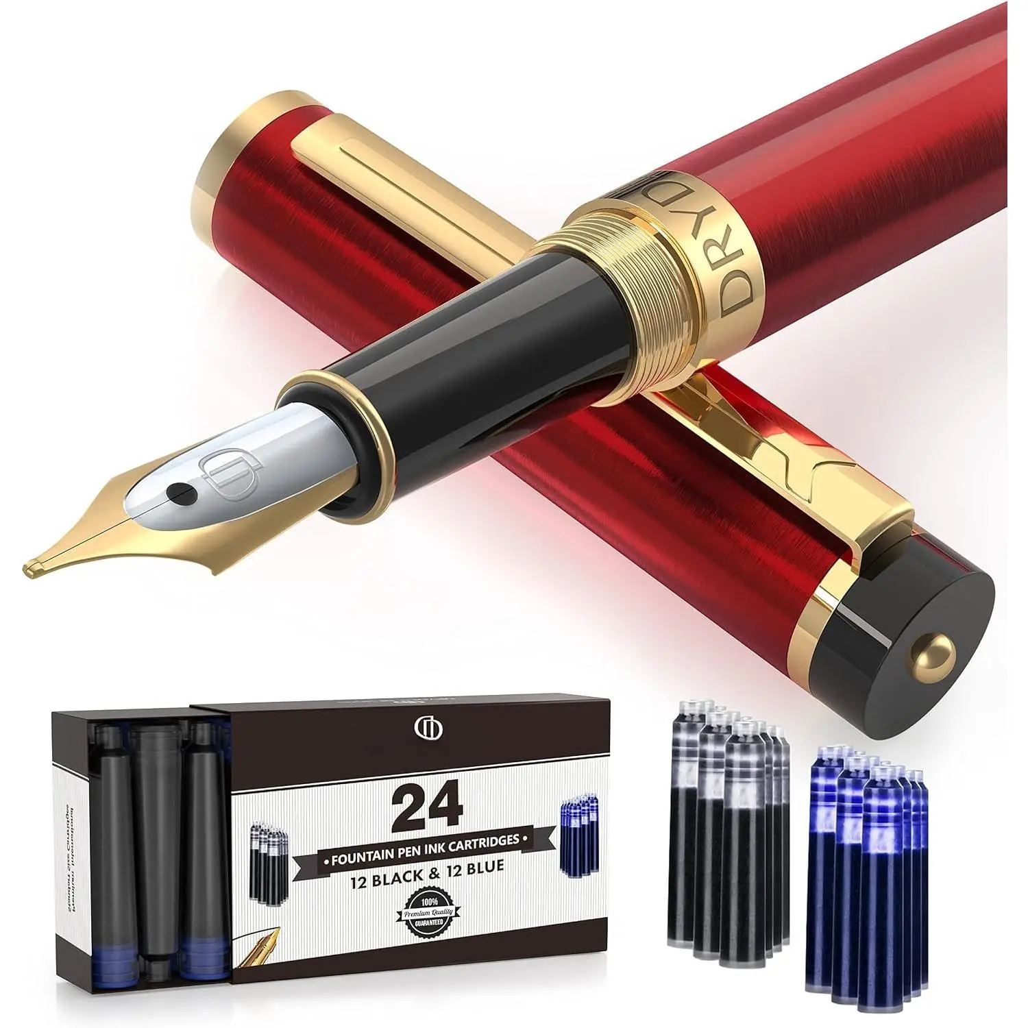 Refillable Stainless Steel Fountain Pen with Medium Nib, Round Shape, Smooth Write, Pouch and 24 Ink Cartridges (Red)