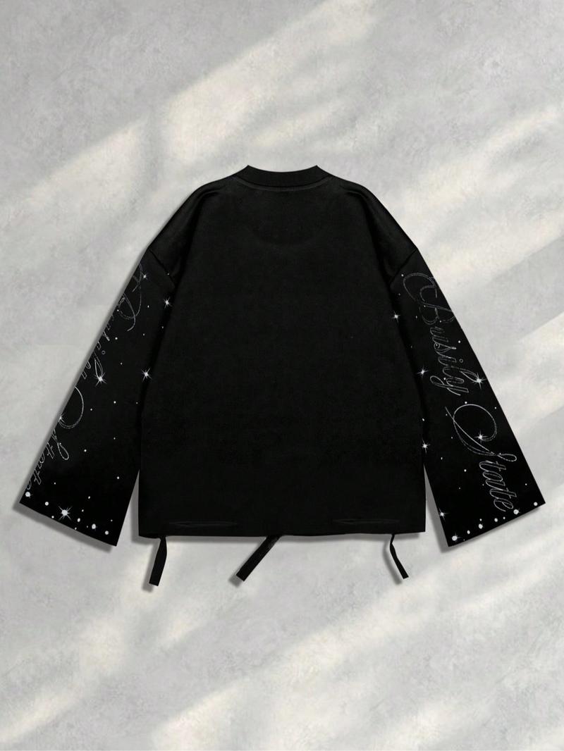 Men's Vintage Street Style Saint Print Long Sleeve Round Neck T-Shirt, Loose-Fitting Short Fit, Fall 2000s Fashion