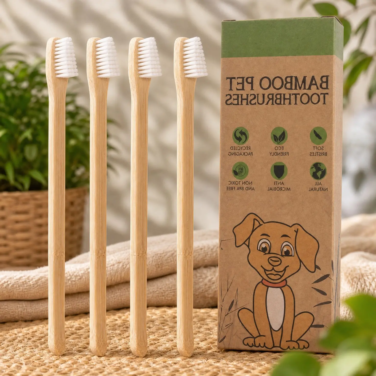 Dog & Cat Toothbrush 4-Pack - Two-Sided Bamboo, Soft BristlesGift