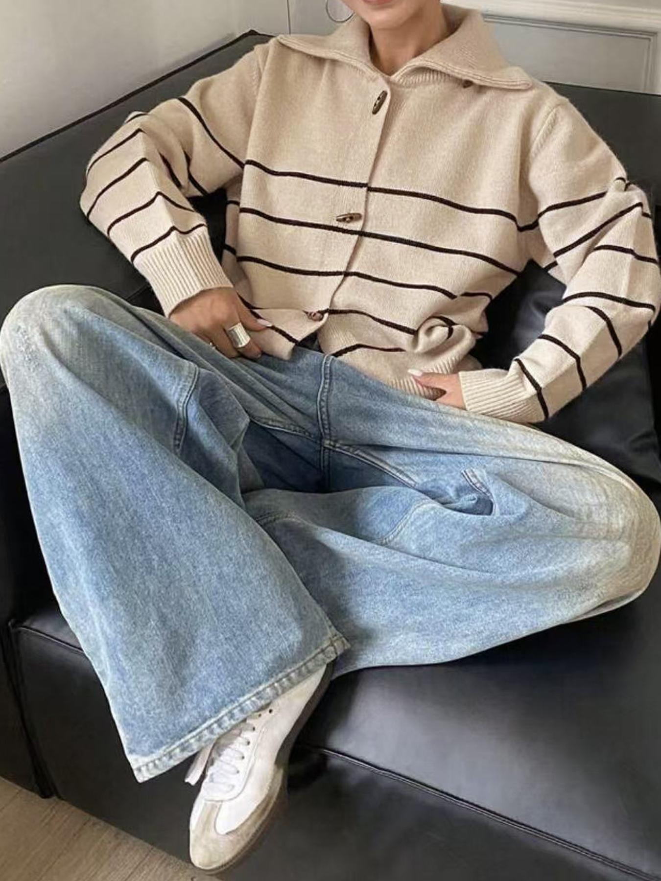 Autumn Winter Striped Button Front Sweater Coat, Fashion Casual Loose Elegant Chic Knitwear Outerwear, Stylish Women's Clothing