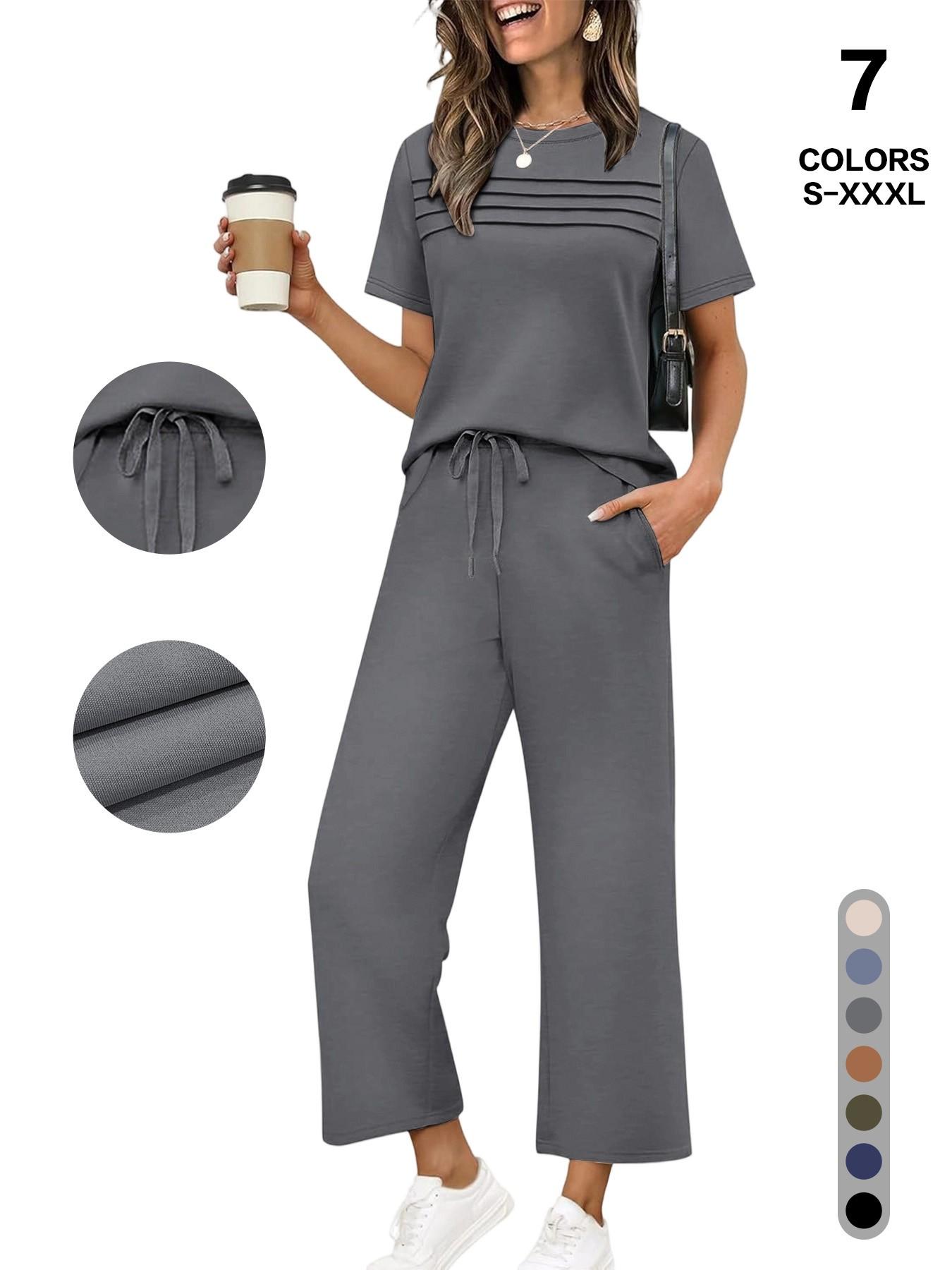 Women's 2-Piece Casual Fit Short Sleeve Pajama Set, Breathable Top + Drawstring Pants with Pockets, Fashionable for Home & Office, Loungewear, Casual Pajamas Set