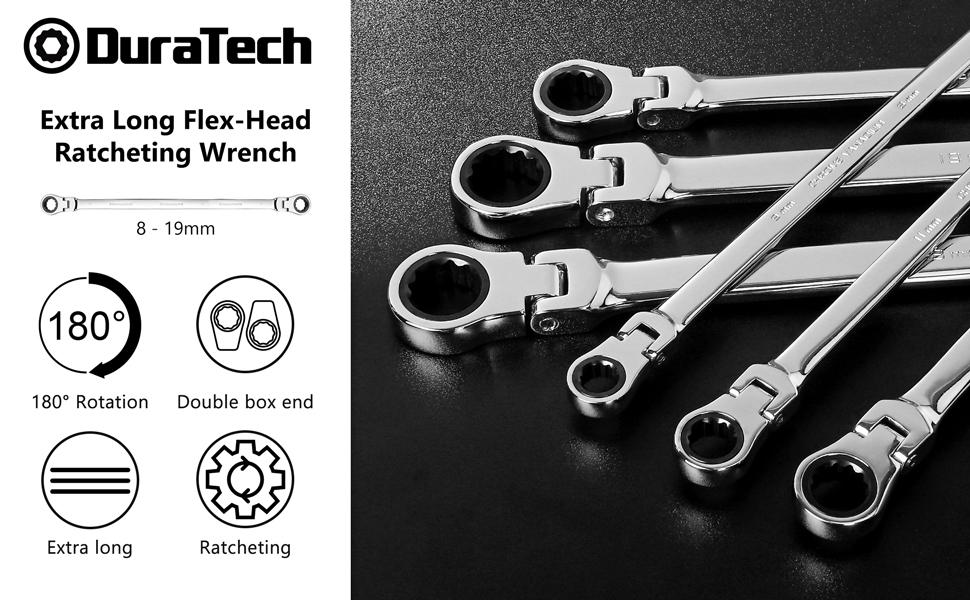 #JumpstartSale DURATECH Extra Long Flex-Head Ratcheting Wrench Set, Double Box End Wrench Set, 6-Count, Metric 8-19 mm, CR-V Steel, with Pouch