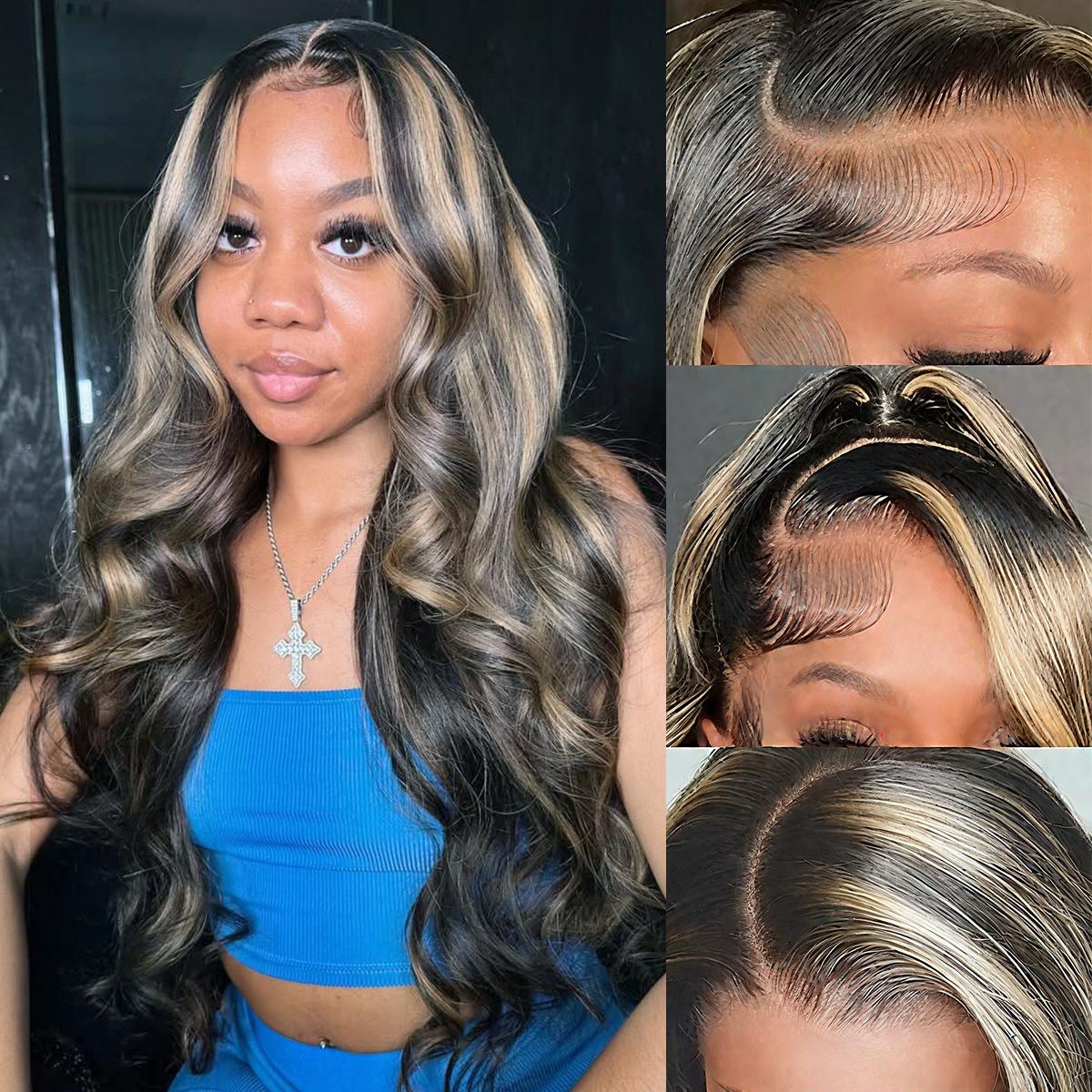 Pizazz Hair 1B/27 Highlight Body Wave Lace Front Wigs 8x5 Glueless HD Transparent Lace Frontal Wigs for Women Honey Blonde Ombre Lace Front Wig Human Hair Body Wave 220% Density