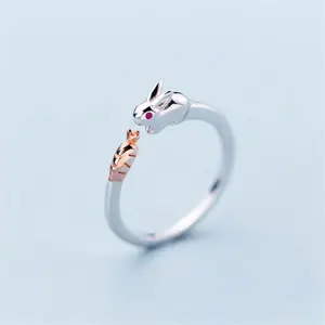 New Simple Cute Rabbit Bunny Creative 925 Sterling Silver Jewelry Sweet Animal Creative Exquisite Crystal Opening Rings  R125