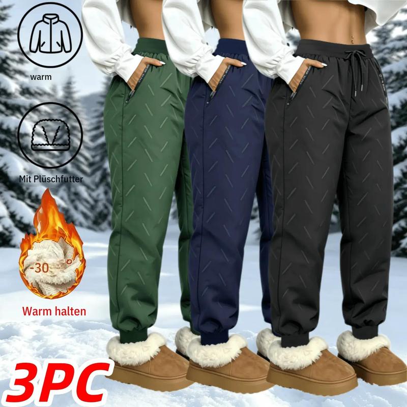 3PC Ladies' Fleece Lined Warm Jogging Pants, Waterproof and Windproof Warm Pants, Elastic Drawstring Waist with Zipper Pocket, Adopting A Foot Binding Design, Suitable for Outdoor and Daily Wear in Cold Winter