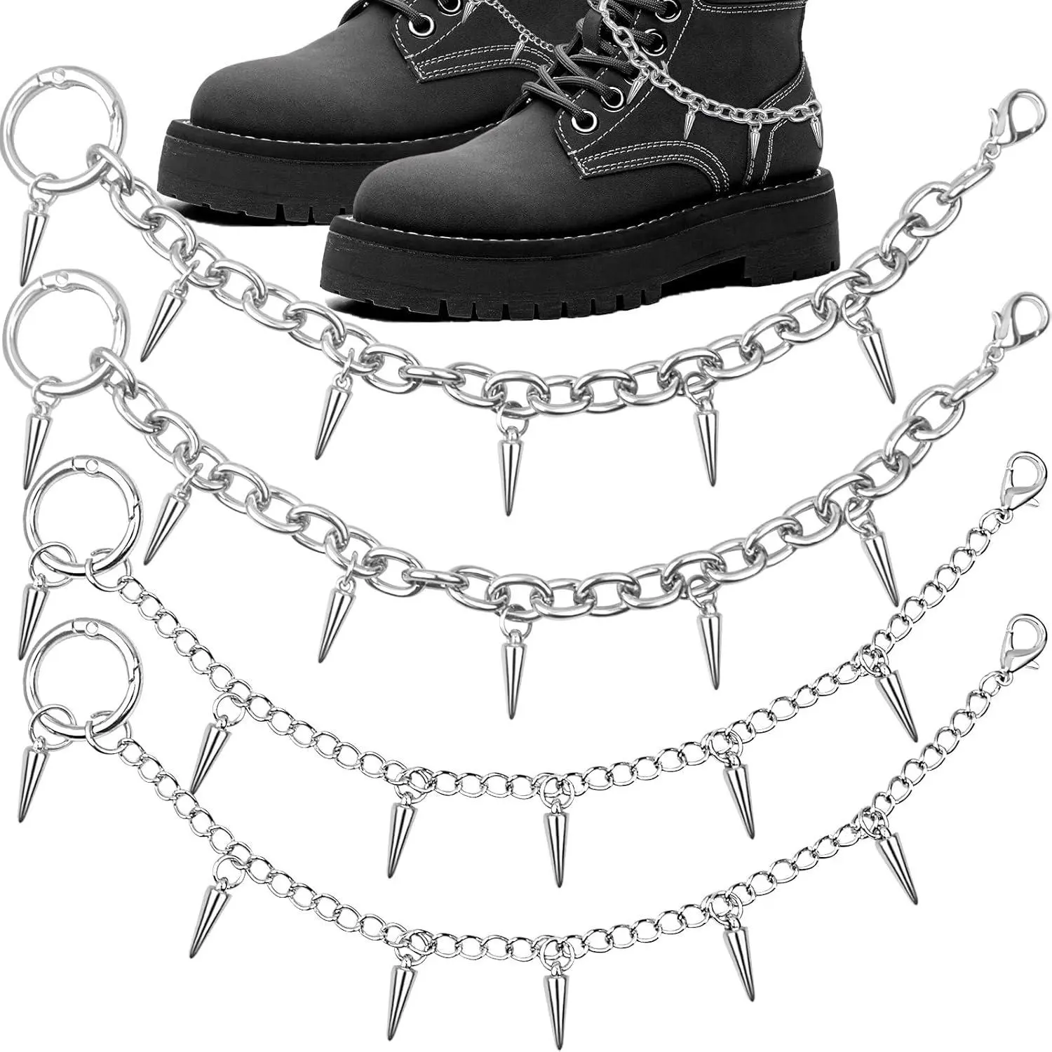 SHBESHCD 4 PCS Silver Punk-Styles Shoe Chain Rivet Cone Spiked Charm Chains Shoelaces Boot Strap DIY Accessories with O Ring Lobster Clasp for Sandals Sneakers Shoes Boots Decors