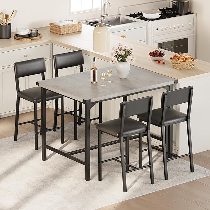 Dining Table Set for 4 w/Counter Height Table & 4 Upholstered Bar Stools, 5-Piece Kitchen Table Set with Footrest & Corner Protector, for Kitchen Room, Apartment