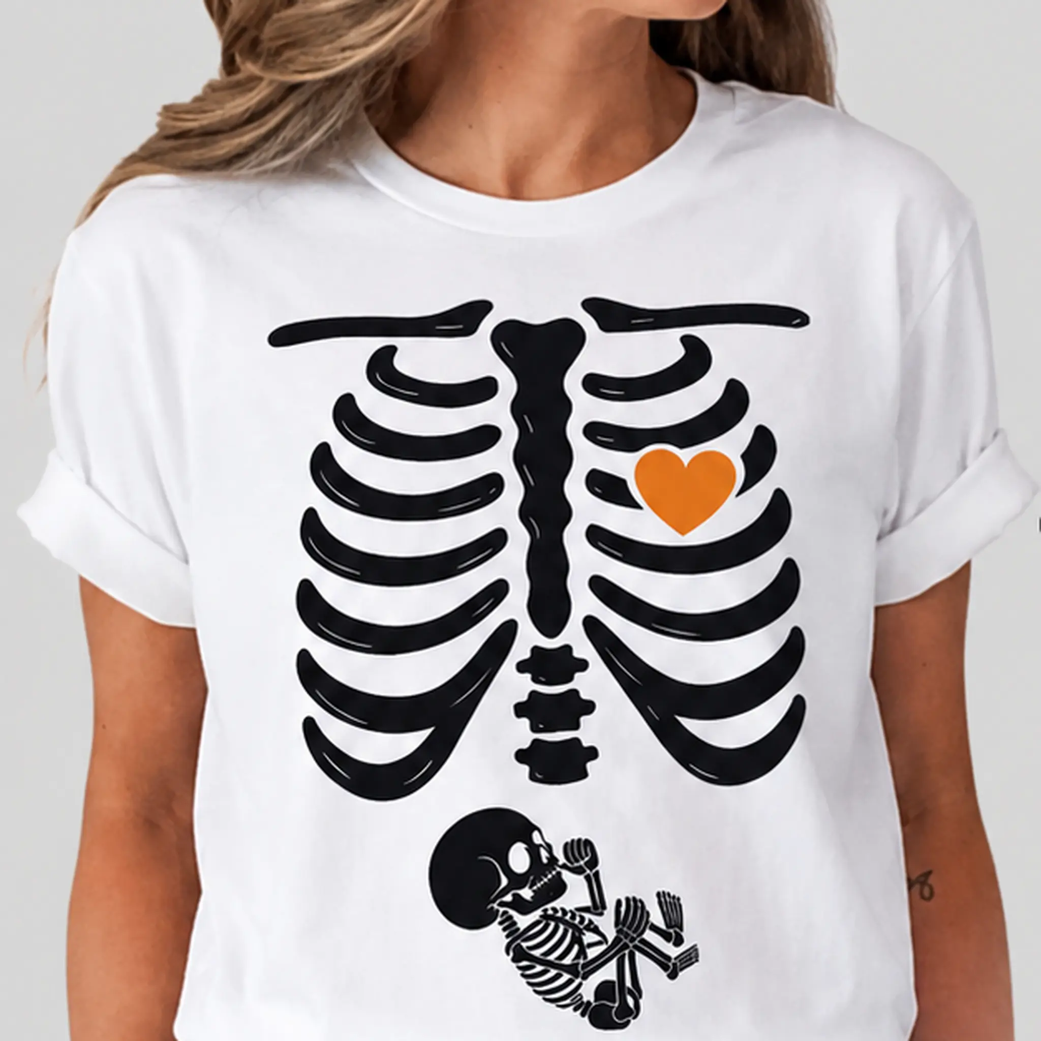 Women’s Funny Halloween Maternity Skeleton Graphic Tee Baby Announcement Pregnancy Reveal Fall Casual Short Sleeve Trendy Maternity T‑Shirt