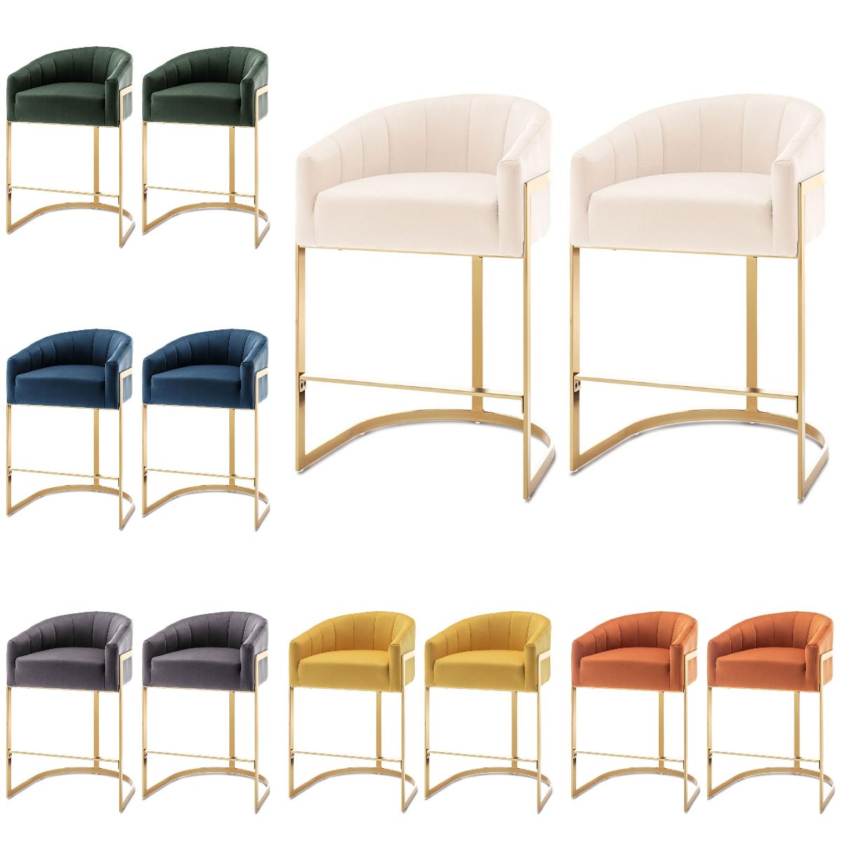 Gold Upholstered Bar Chair Set of 2/4, Modern 27" H Counter Height Bar Stools with Barrel Backrest and Arms, Velvet Bar Stools for Kitchen Island sillas  barra