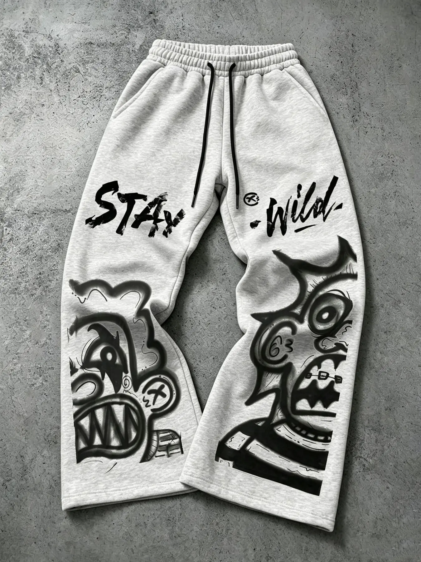 Men's Grey Baggy Wide Leg Sweatpants Retro Graffiti Monster Print STAY WILD Letter Drawstring Streetwear Joggers Y2K Hip Hop Casual Loose Trousers For Skate