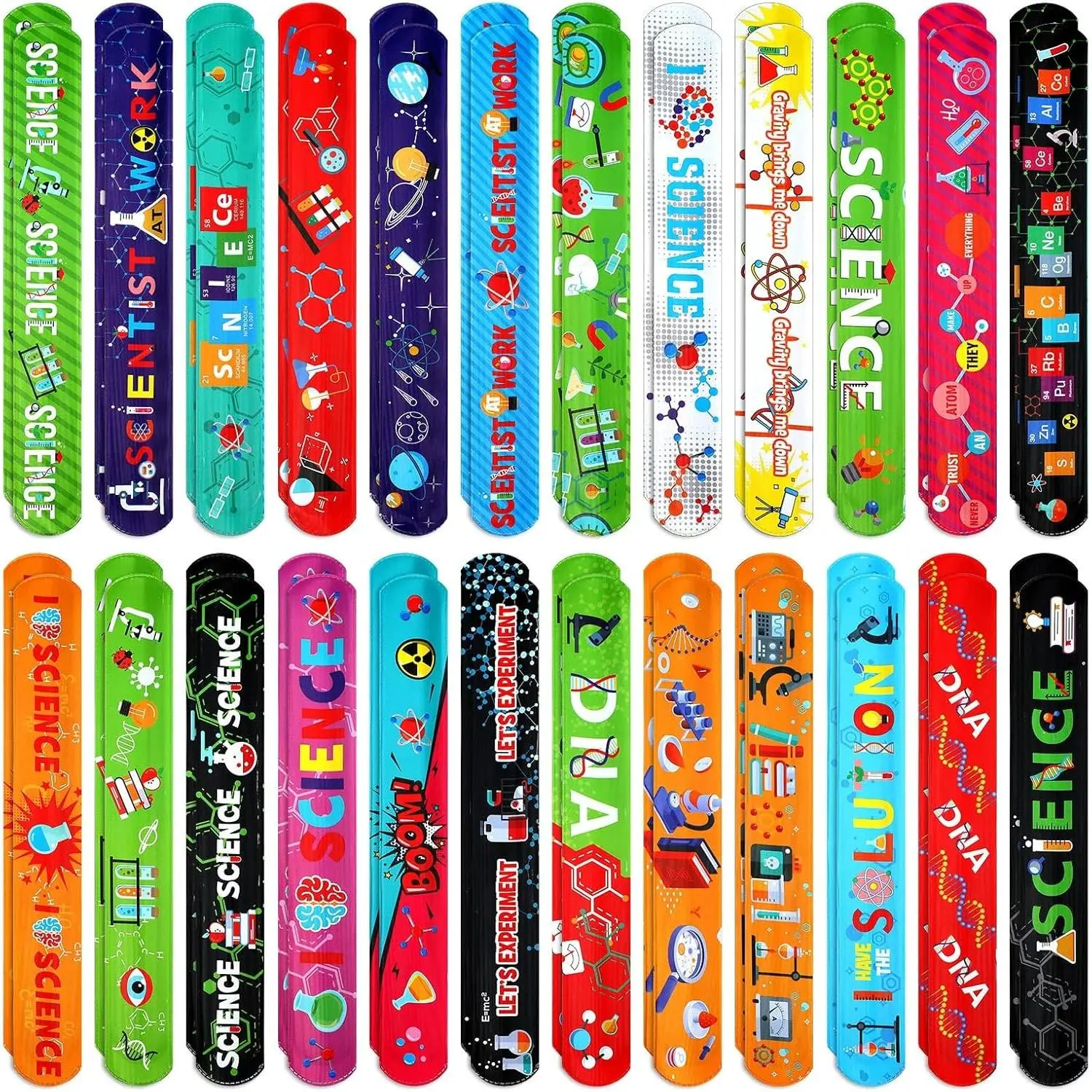 48 Pcs Science Slap Bracelets Bulk Snap Bracelets for Party Favors Prizes Gifts Decorations Scientist Birthday Party Supplies, 24 Designs