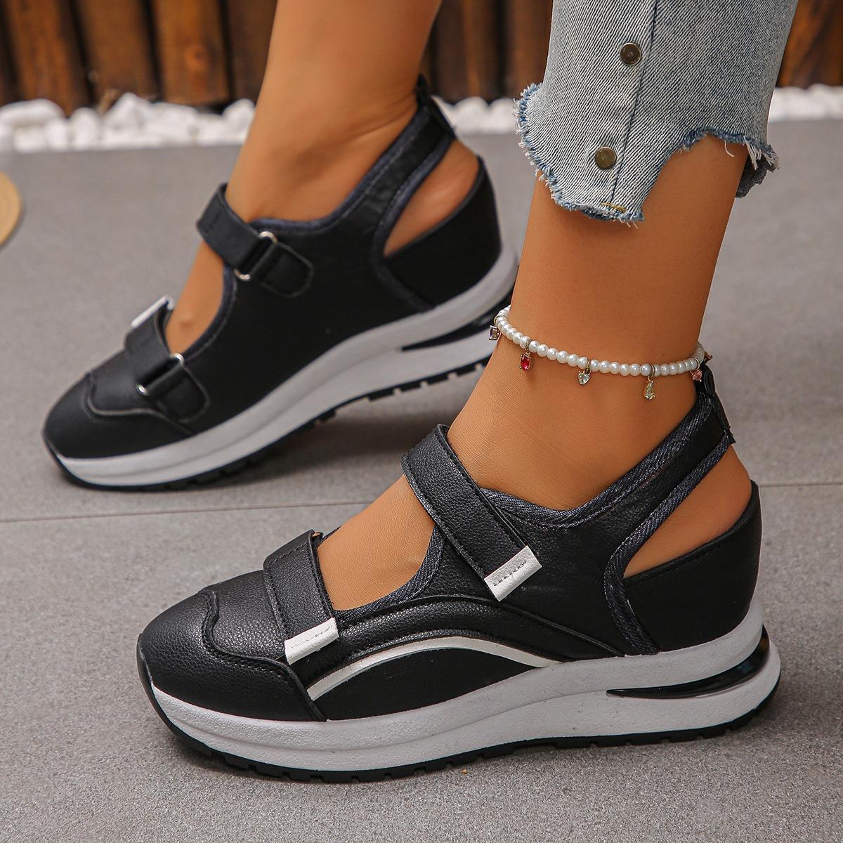 Women Hollow Out Wedge Sneaker Sandals, Breathable Hook & Loop Platform Walking Shoes, Color Block Casual Outdoor Shoes
