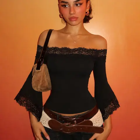 Women's Lace Patchwork One Shoulder Slim-Fitting Top, Plain Blouse for Spring & Fall, Stylish Chic Elegant Bell Sleeve Shirt Blouses Shirts