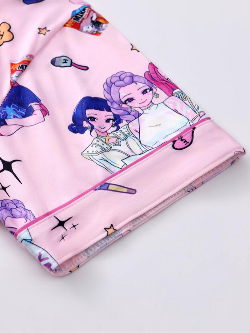 K-Pop Demon Hunter Women's Cartoon Pajama Set, Casual Fitted Two-Piece Sleepwear, Short Sleeve Top & Elastic Waist Pants, Spring & Fall