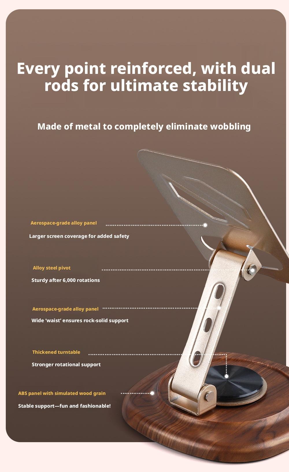 Metal Wood-Grain Stand｜360° Dual-Damper & Foldable