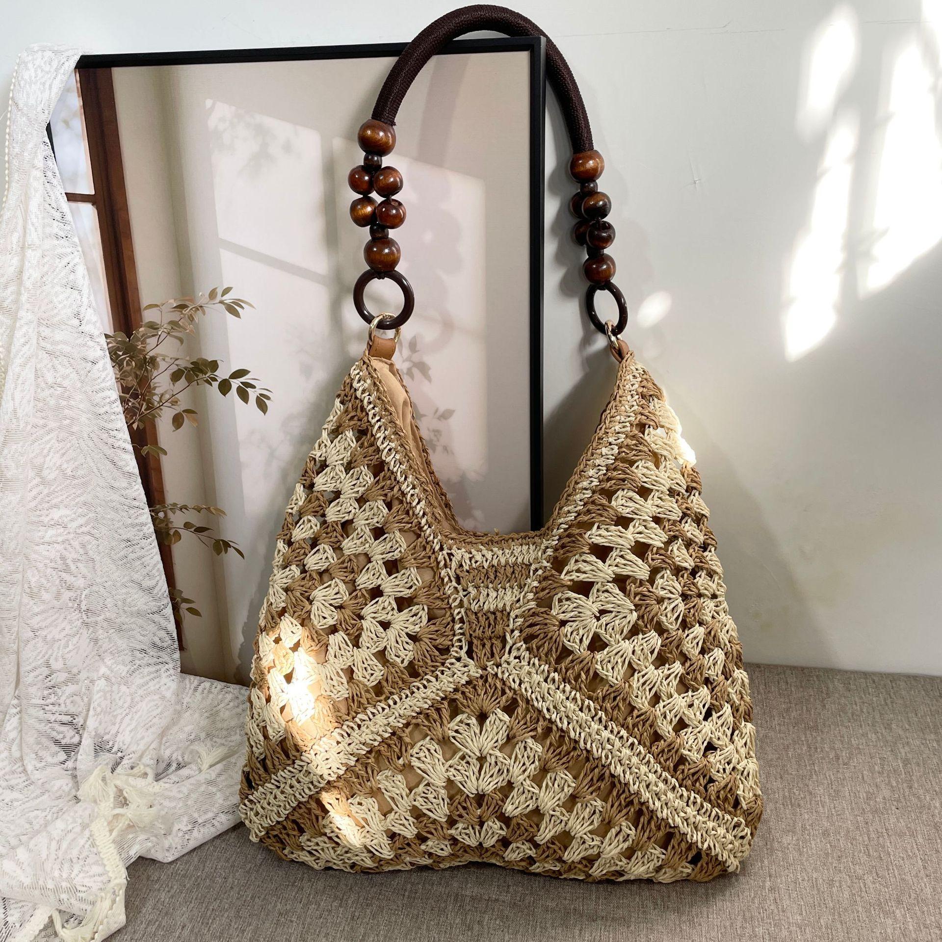 Women's Handmade Paper Rope Crochet Straw Shoulder Bag, PU Material With Adjustable Strap, Cold Wash Compatible Woven Handbag, Summer Accessory For Beach Vacation Casual Outfit Styling Use