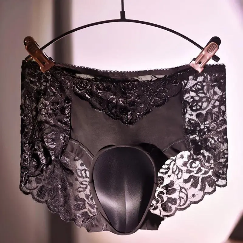 Men's See-Through Crossdress Wear Briefs - Menswear Underwear with Flattering Cut, Sexy Lace, Camel Toe Design, Artificial Fake Vagina for Crossdressing Lingerie Needs