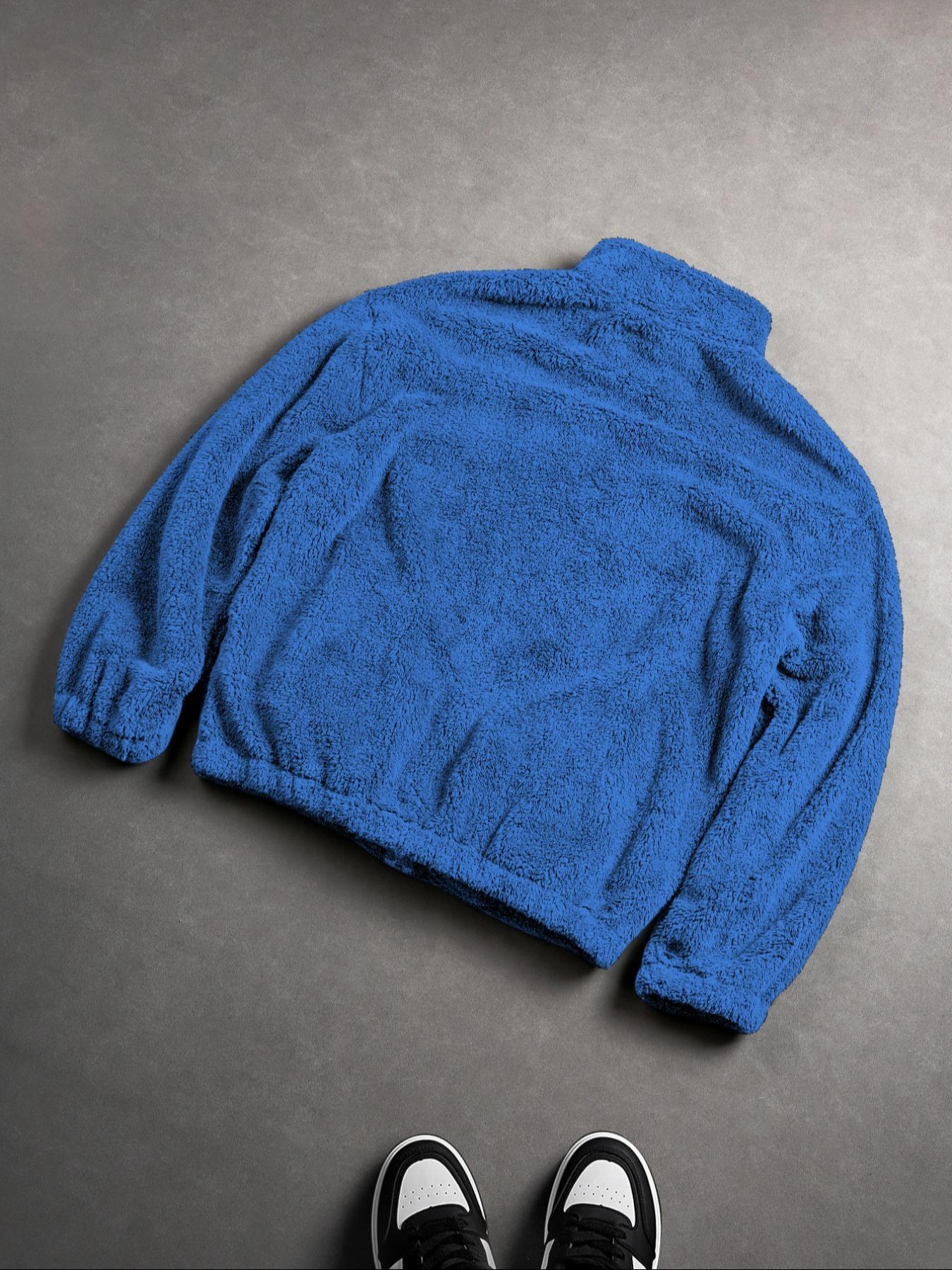 Men's Blue Fleece Jacket, TikTok Viral Street Style Oversized Warm Fleece Coat, Fashionable Casual Outerwear for Daily Wear & Ideal Christmas Gift