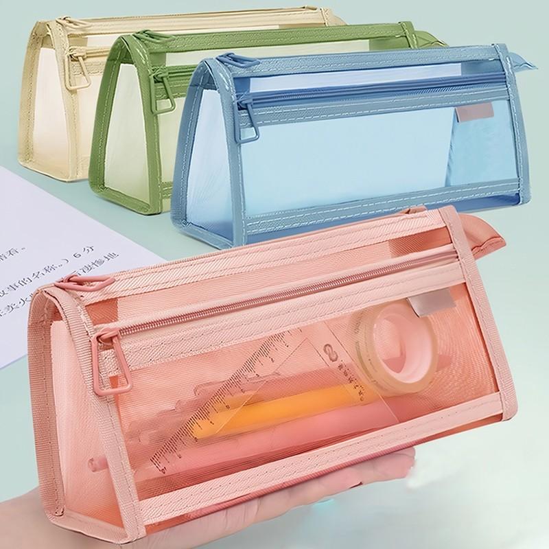 Transparent Mesh Dual-Layer Pencil Case, Kids' Unisex New Design, Large Capacity, High Aesthetic, Simple Subject Stationery Bag, Desk Supplies
