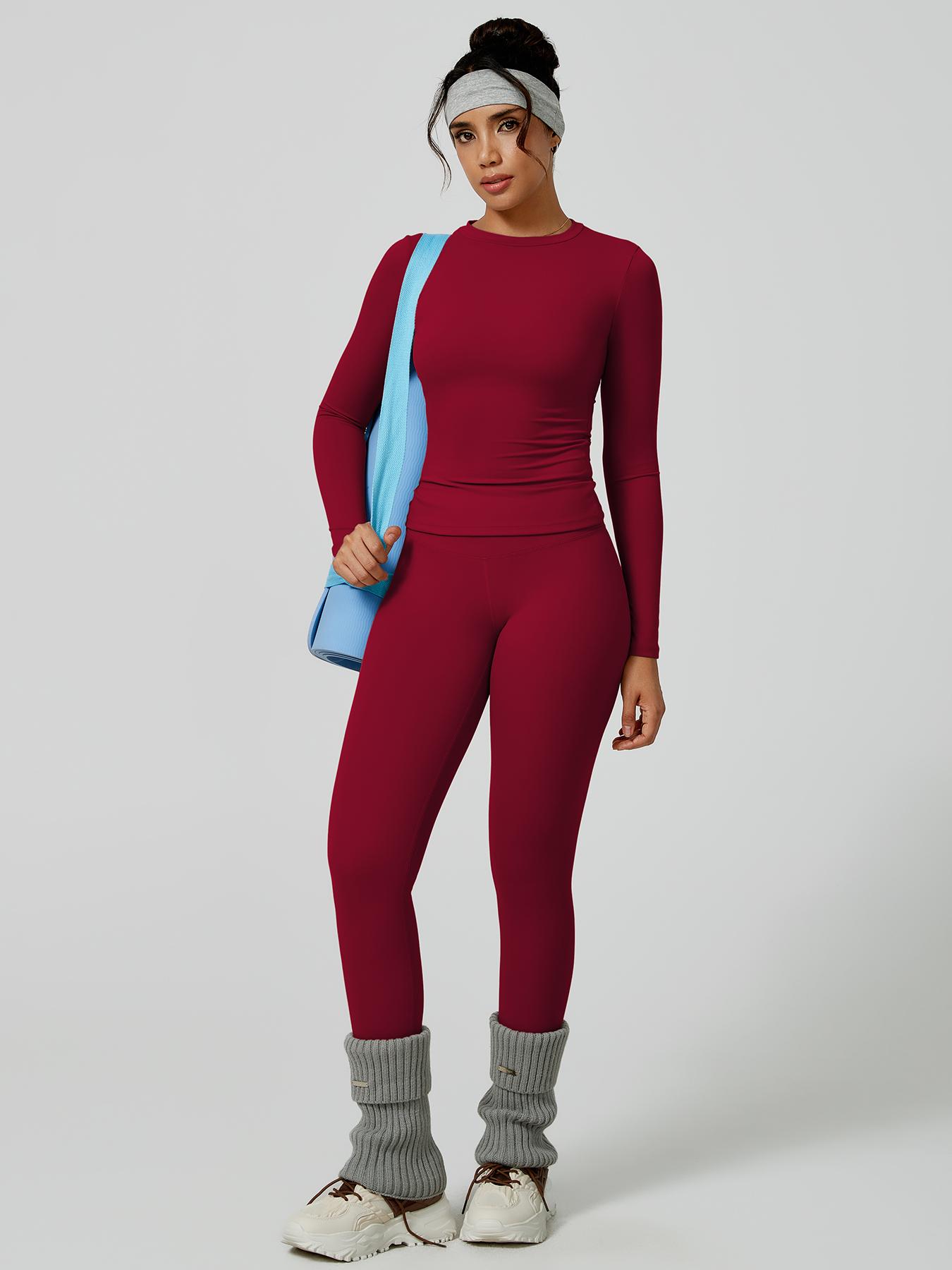 Women's Solid Long-Sleeve Tee & High-Waist Leggings Set, Sporty Round Neck Top & Skinny Pants 2-Piece Set for Gym Workout and Running, Ladies Fall & Winter Sportswear, Sports Fitness Wear, Workout Running Outfits