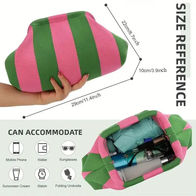 Women's Striped Knit Cute Bag, Large Capacity, Foldable Design, Perfect for Beach, Travel, and Daily Use, Vacation Accessory, Commuter Purse, Fashionable Patterned Bag, Trendy Versatile Bag, Casual Trendy Bag, Fashionable Bags