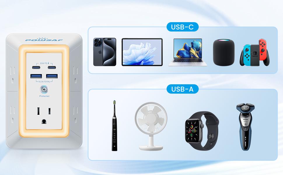 Multi Plug Wall Outlets with Light, Surge Protector Power Strip, 20W PD Fast Charger, POWSAF AC Outlet Extender with 2 USB Type-C 2 USB A Charging Ports (3A Total) 3-Sided Power Strip, Multiple Plug Wall Charger Spaced for Home Travel Office