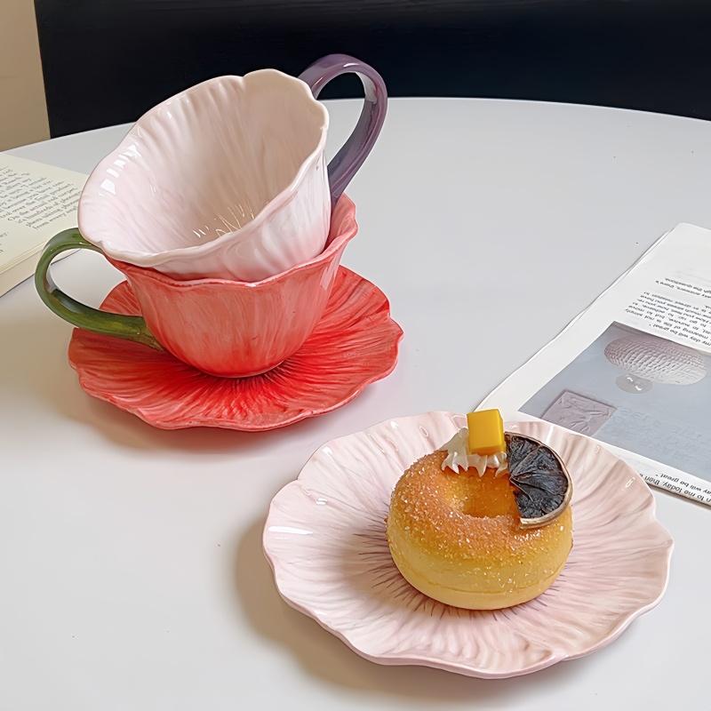 Elegant Coffee Cup Set for Women, Unique Design Ceramic Espresso Cups & Saucers, Perfect Gift for Afternoon Tea, Ceramic Matcha Set