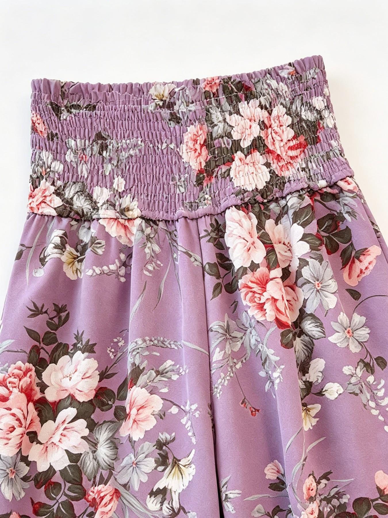 Lavender Floral High Waist Wide Leg Pants, Summer Casual Boho Palazzo Trousers with Pockets, All over Print, Fitted Style