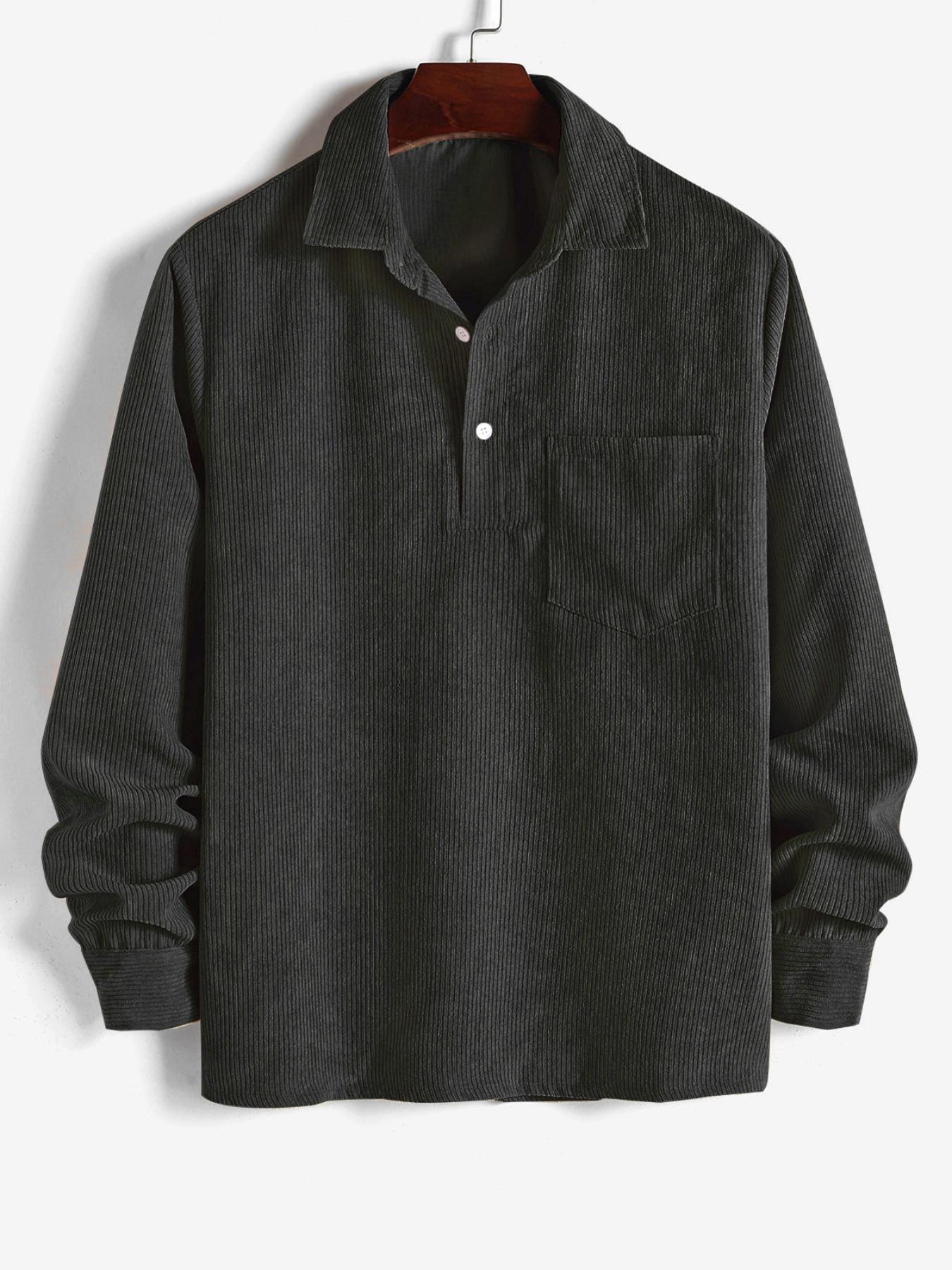 Men's Plain Pocket Half Button Corduroy Shirt, Casual Comfy Regular Fit Long Sleeve Collared Top For Fall & Winter, Men's Clothes For Daily Wear