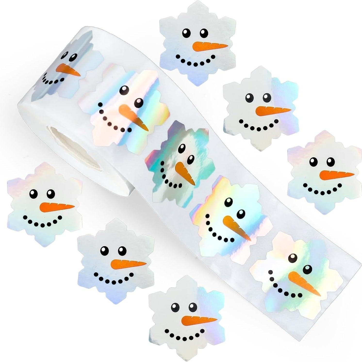1 Roll/500pcs Rainbow Snowflake Stickers, Holographic Christmas Winter Decor, Snowman Tree Clouds, Party Card Making Material