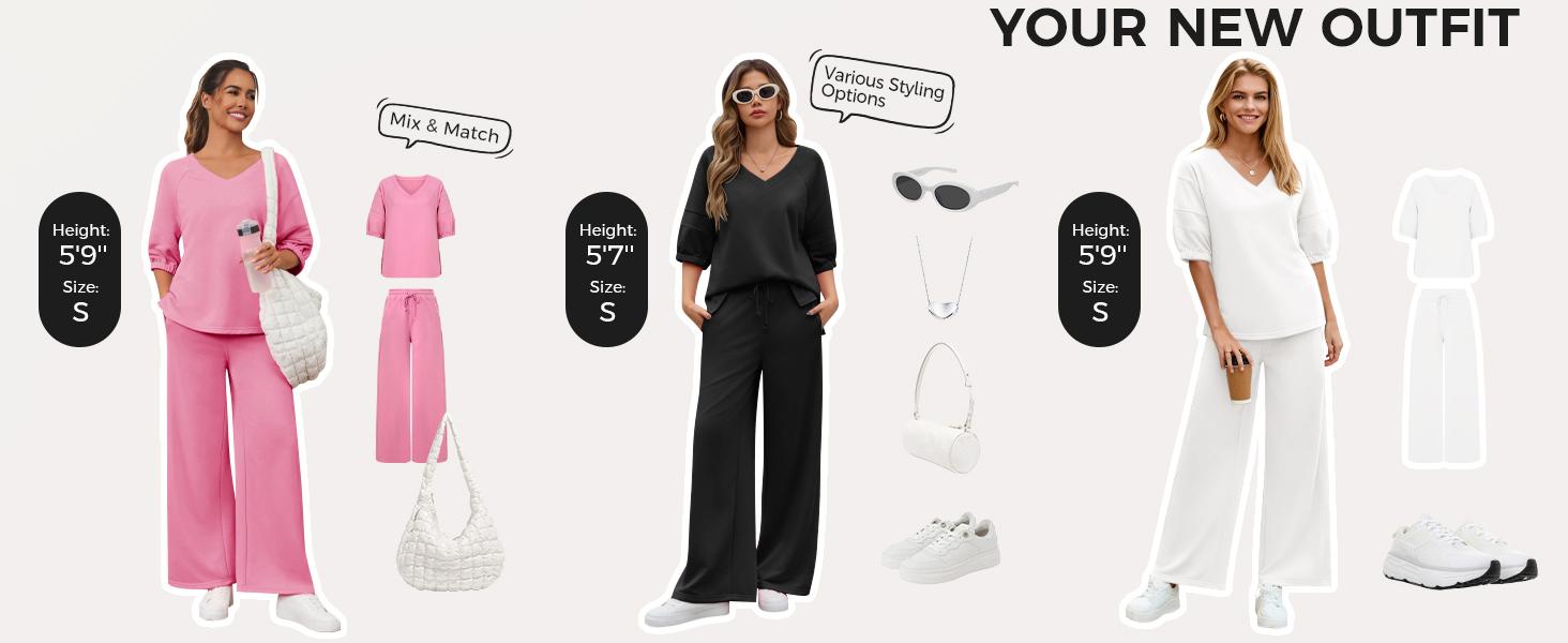 Fisoew Womens 2 Piece Outfits Casual V Neck Shirts Wide Leg Running Long Pants Loose Workout Tracksuit Sets