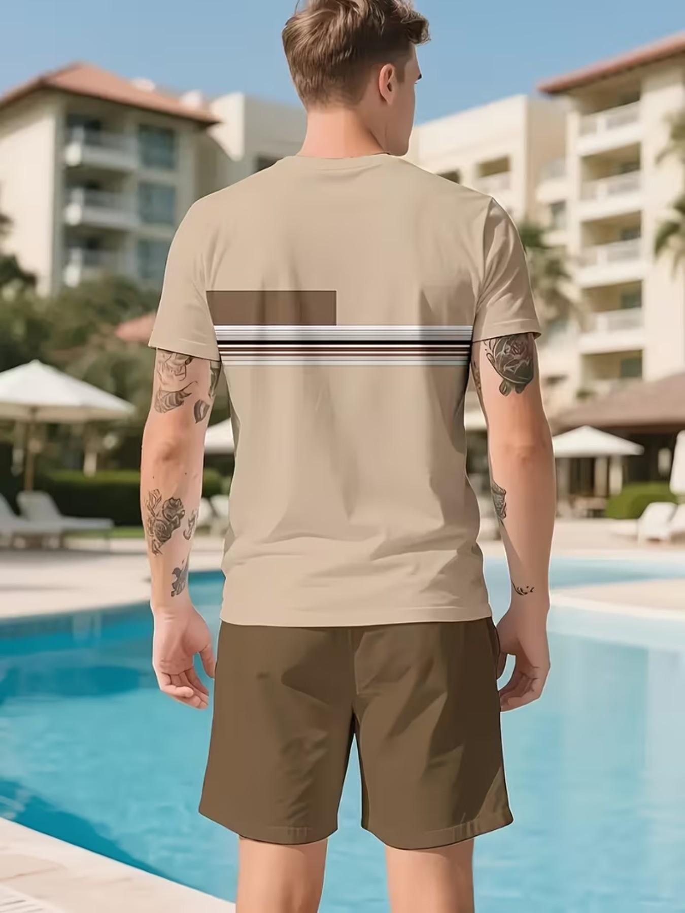 Men's Outdoor Set, Summer Fashion Short Sleeve Crew Neck Quick-Dry T-Shirt + Shorts, 3D Digital Print, Casual Fitness Wear, Gift Idea