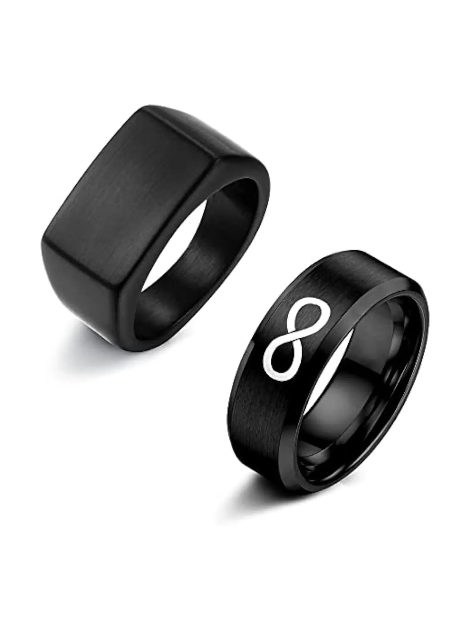 2 Pcs Black Signet Ring Infinity Band Rings Set for Men Women Stainless Steel Glossy Matte Finish Beveled Polished Edge Comfort Fit Husband Father Gift Size 6-14