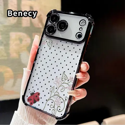 Trendy Ladybug Floral Dots Pattern Anti-Drop Protective Smartphone Case - 4-Corner Electroplated Shockproof Casing for iPhone 17 Pro Max,16,15 Plus,Air,14,13,12,11,E