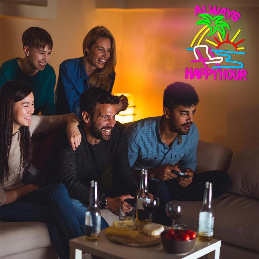 Always Happy Hour Neon Sign, Beach Neon Signs for Wall Decor, Palm Tree Led Light Up Signs for Bedroom Bar Club Pub Man Cave Restaurant Party Decorations