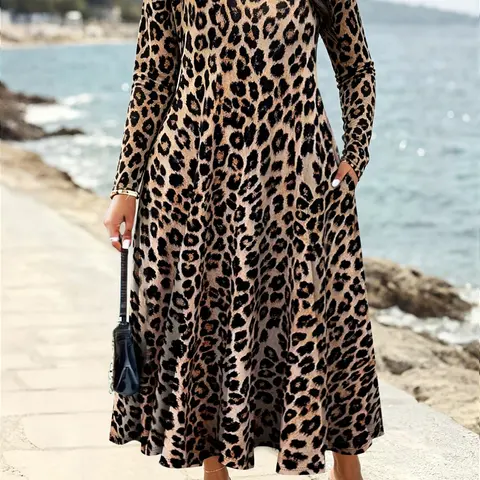 Autumn Women's Plus Size Leopard Print Long Dress, Long Sleeve Round Neck Loose A-Line Maxi Dress, Side Pockets Vacation Dress Chic