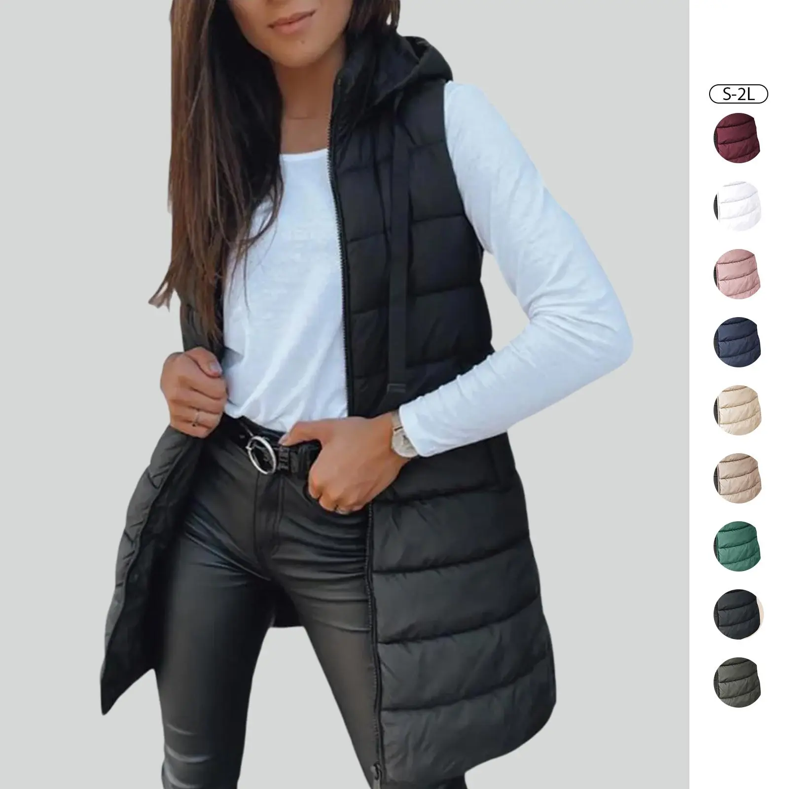 Imily Bela Women Long Vest Solid Color Sleeveless Hood Winter Puffer Vest Outwear Imily Bela Women Long Vest Solid Color Sleeveless Hood Winter Puffer Vest Outwear