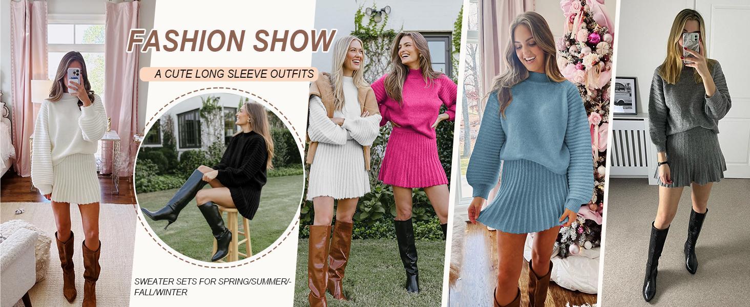 Women's 2-Piece Fitted Outfits - 2026 Long-Sleeve Mock Neck Soft Ribbed Knit Sweater & Puff Sleeve Mini Skirt Set, Easy Dress-Up Casual Fall Winter Fashion