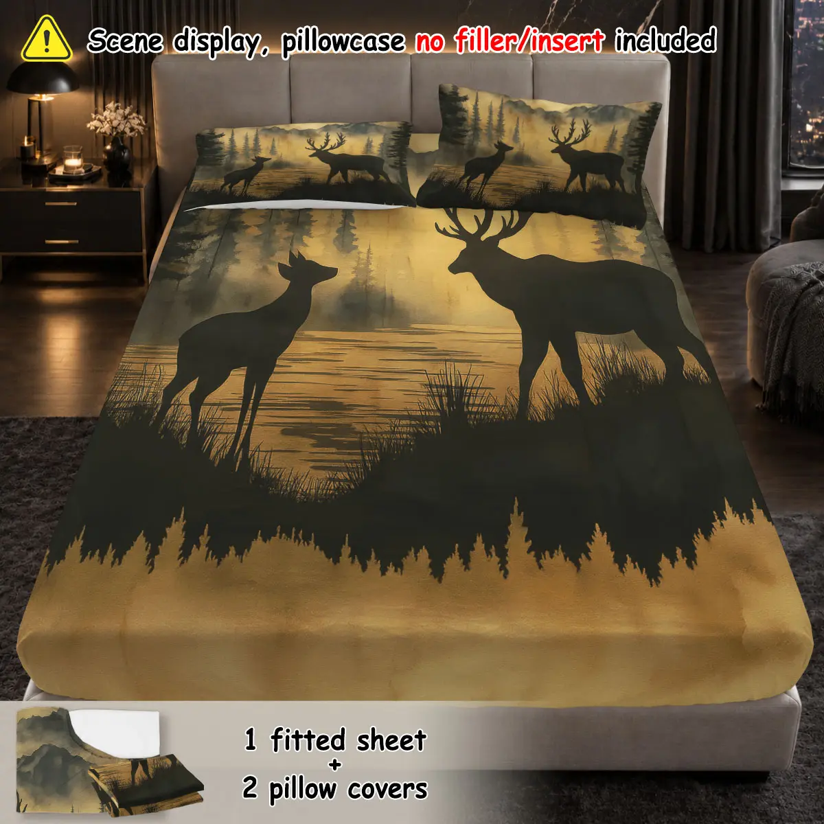 (1 fitted sheet + 2 pillowcases, no filler)Classical Forest Deer Print,Polyester fitted sheet 3-piece bedding set, machine washable, anti-shrink & anti-deform, durable bedding supplies for bedroom and dormitory