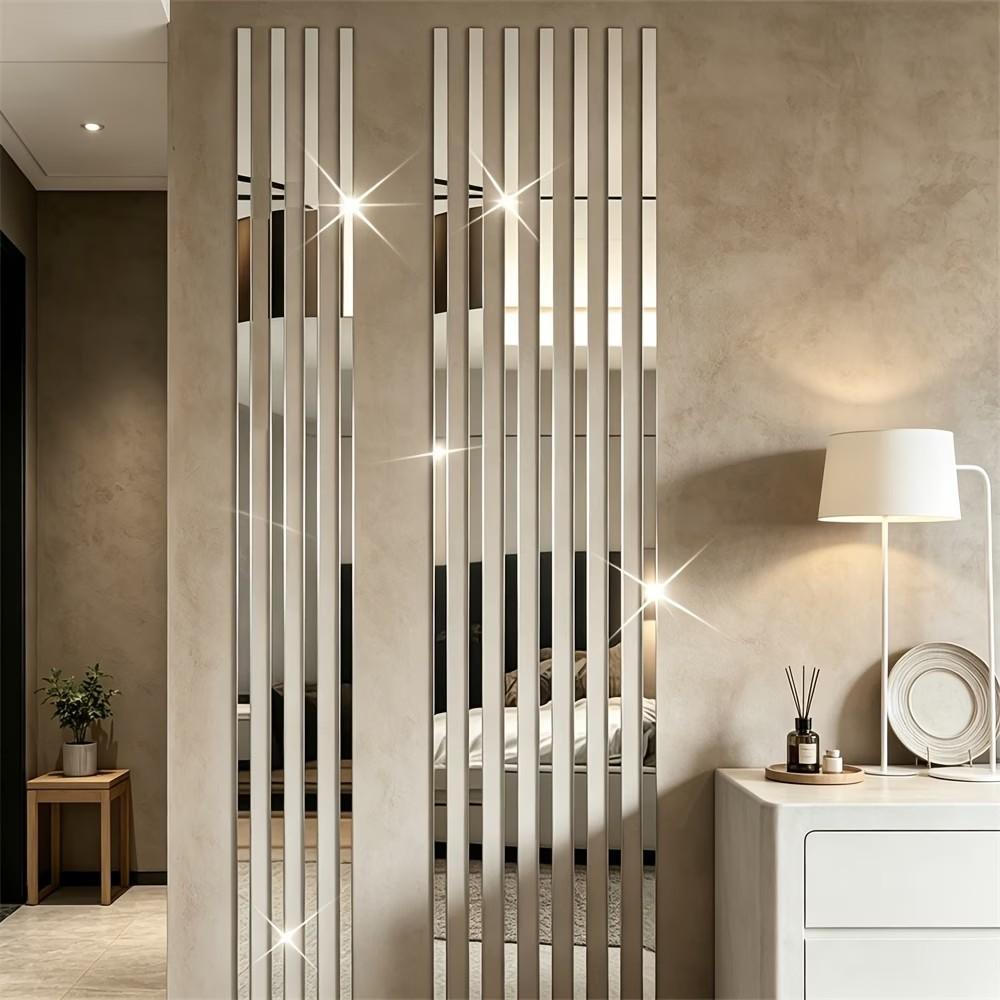 16 piece set, silver long acrylic mirror wall sticker, 5X50Cm self-adhesive waistline decorative strip, easy to install without drilling, suitable for fashionable decoration, living room, bedroom, ceiling frame, TV background wall filling sticker