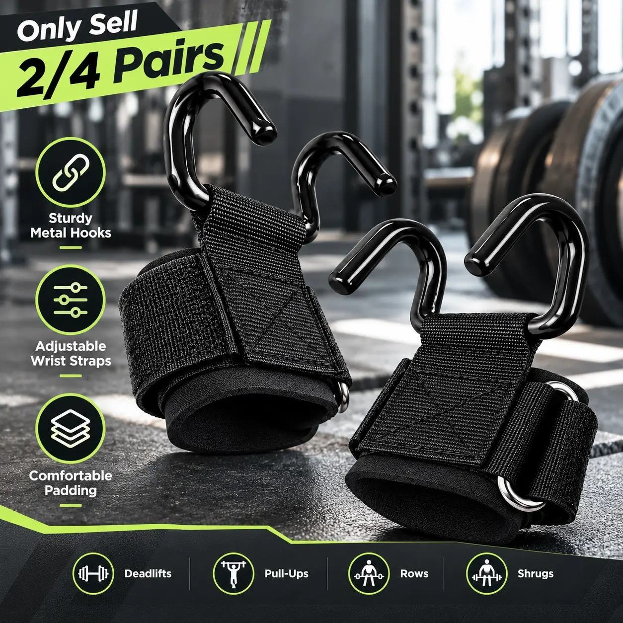 2/4 Pair Weight Lifting Hooks, Fitness Weight Lifting Hooks with Adjustable Wrist Support Straps and Grip Assistance for Deadlifts, Pull-Ups, Lat Pulldowns, Cable Rows, Shrugs, Strength Training and Home Gym Workouts Workout Accessories