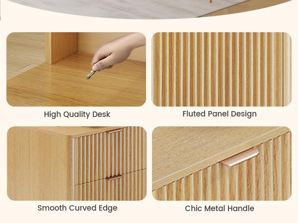 SEDETA 66 Inch Modern L Shaped Desk with Drawers Fluted Home Office Desk with File Cabinet and Printer Shelf Wood Executive Desk with Monitor Stand Power Outlets Led Lights