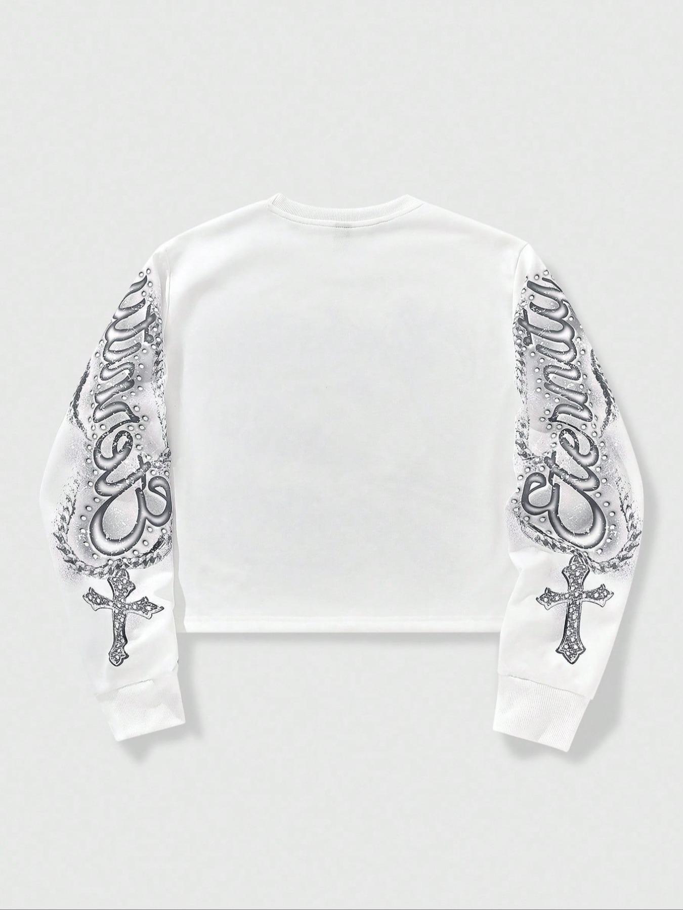 Men's Graphic Sweatshirt with Letter and Cross Print, Loose-Fitting Fall & Winter Pullover, Casual Angel Design Long Sleeve Top